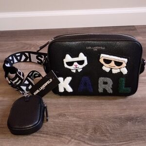 NWT Karl Lagerfeld Maybelle Camera Bag Felt Ikons Black Crossbody Guitar Strap